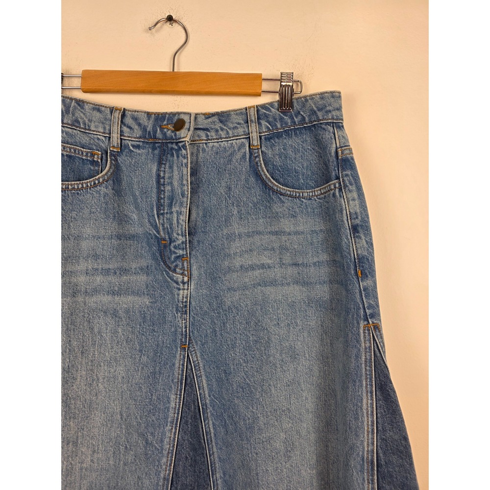 ME+EM Denim Jean Maxi Skirt Blue A Line Distressed Raw Hem Size 8 - Picture 3 of 8